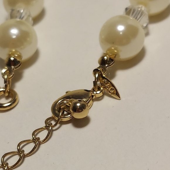 SAQ Clear Crystal Off White FAUX Pearl Beaded Necklace + Bracelet Signed Estate - Picture 8 of 10